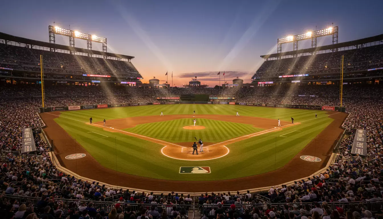 Stade de baseball éclairé sous les projecteurs lors d'un match de MLB en soirée