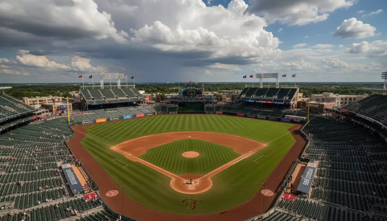 Vue aérienne d'un stade de baseball avec ciel nuageux montrant l'influence de la météo sur le jeu