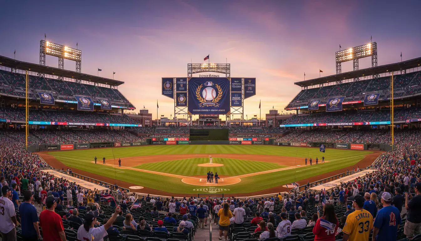 Stade de baseball MLB avec bannière de champion en arrière-plan