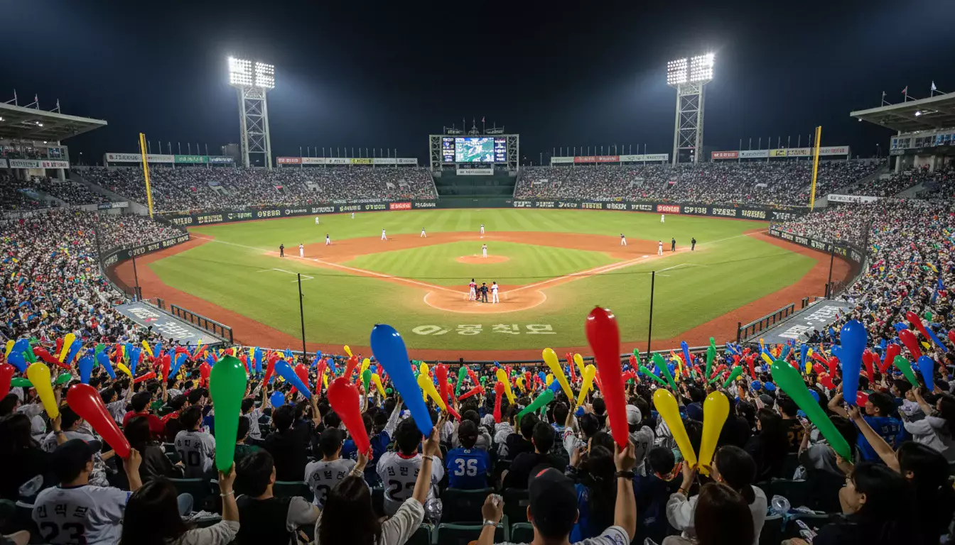 Stade de baseball coréen KBO avec foule enthousiaste et lumières nocturnes