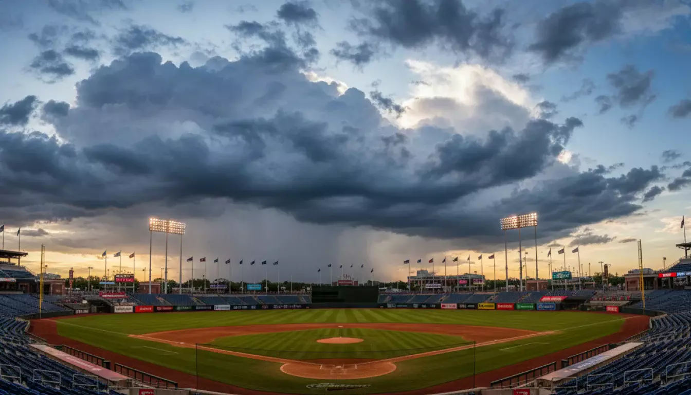 Stade de baseball avec drapeaux au vent et ciel nuageux
