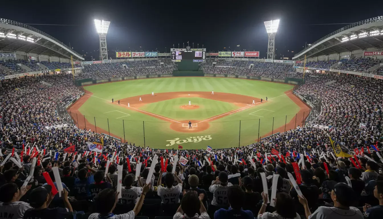Stade de baseball japonais NPB avec foule et lumières nocturnes