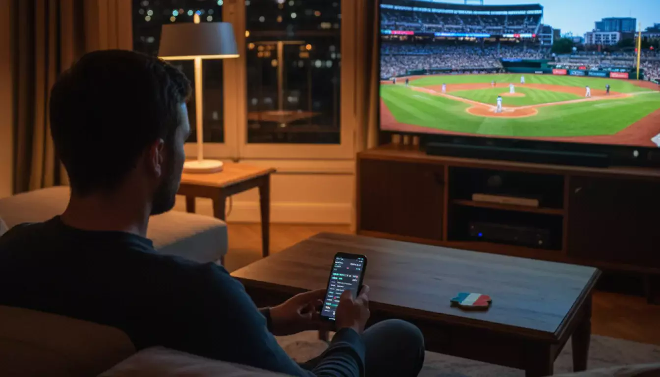 Parieur français regardant un match MLB en soirée sur un écran avec un drapeau tricolore en arrière-plan