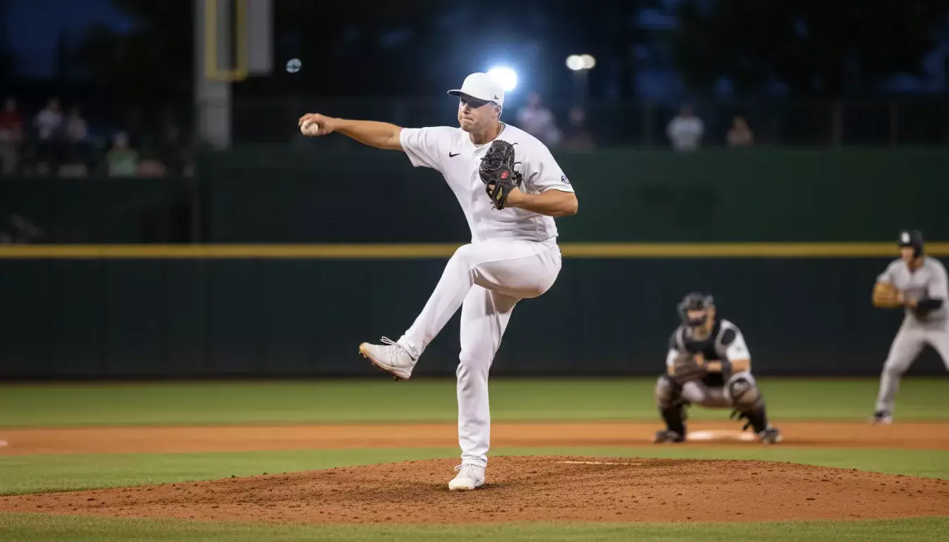 Paris prop baseball avec lanceur MLB en action de strikeout