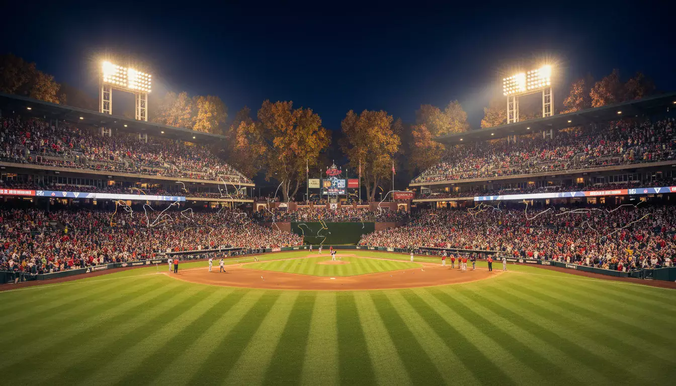 Stade de baseball en playoffs MLB avec atmosphère électrique d'octobre