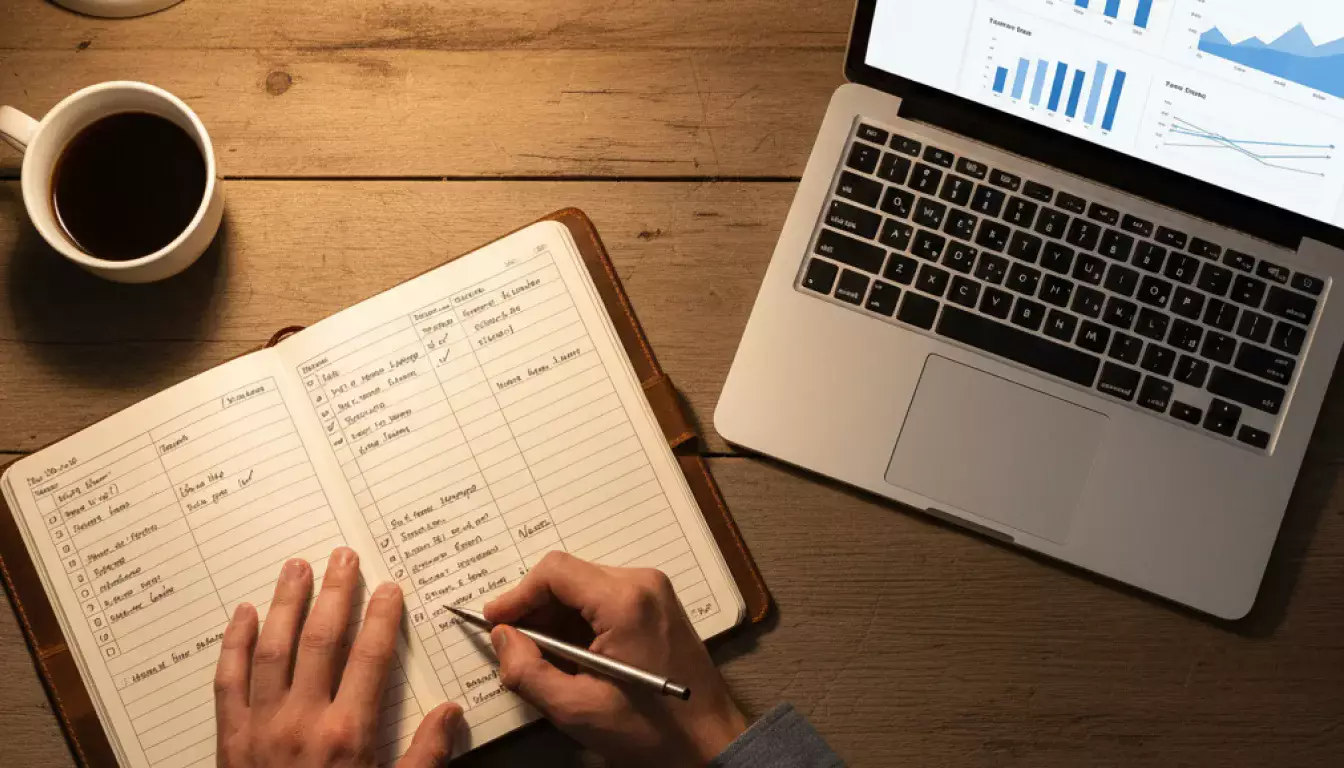 Personne prenant des notes dans un carnet à côté d'un écran affichant des statistiques sportives