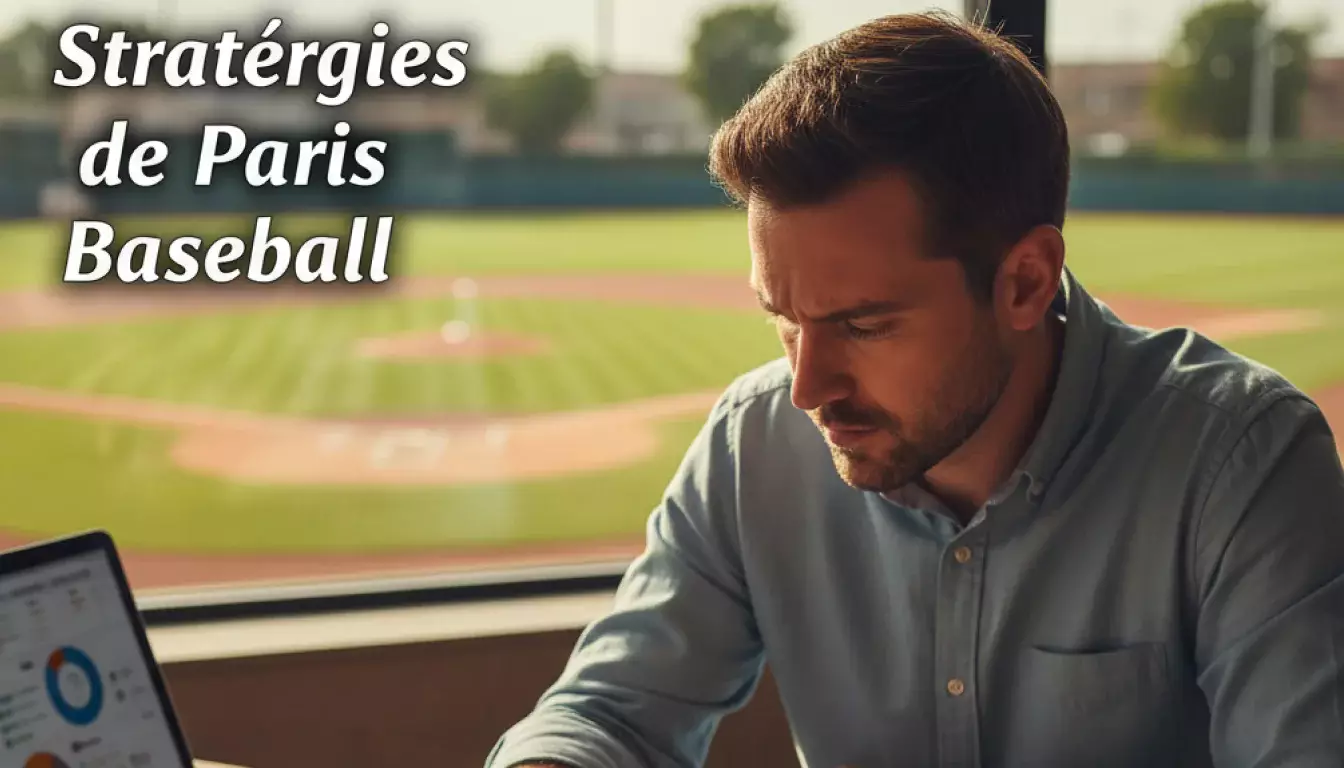 Parieur analysant des statistiques baseball sur un carnet avec un terrain de baseball en arrière-plan