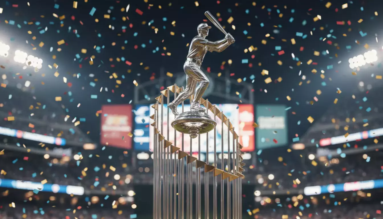 Trophée World Series avec stade de baseball illuminé en arrière-plan